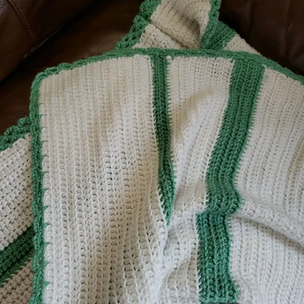 Handmade Crochet Blanket White Green Throw 65x35 Lapghan Knit Gift Cozy Baby